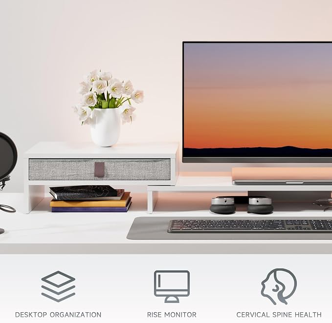 Fenge Triple Monitor Stand with Srorage Drawer, Adjustable Length and Angle | Computer Monitor Riser for 2 or 3 Monitors, Wooden Desktop Laptop Stand, Office Organizer for PC, Screen, Tablet, White - Image 2