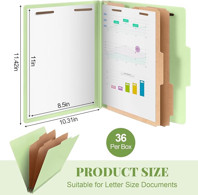 AmazingSpark 36 Pcs Classification Folder Letter Size Bulk 2 Divider Pressboard File Folder with Expansion 2 Prong Fastener Heavy Duty Office File Organizer for School Medical Document(Light Green) - Image 2