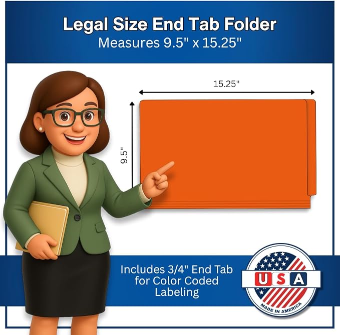 Orange File Folders, Doctor Stuff, Legal Size Reinforced End Tab Folder with 2" Bonded Fastener on Inside Front and Back, 14 pt Stock, Carton of 250 - Image 2