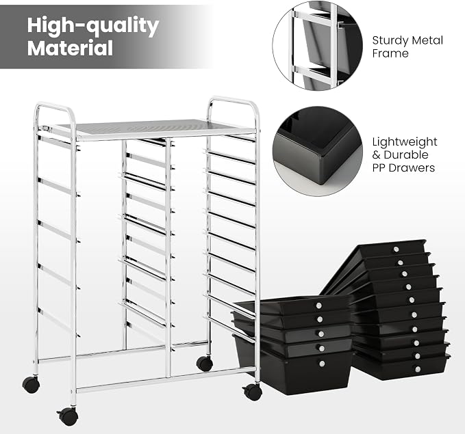 Giantex 15 Drawer Rolling Storage Cart Tools Scrapbook Paper Office School Organizer, Black - Image 7