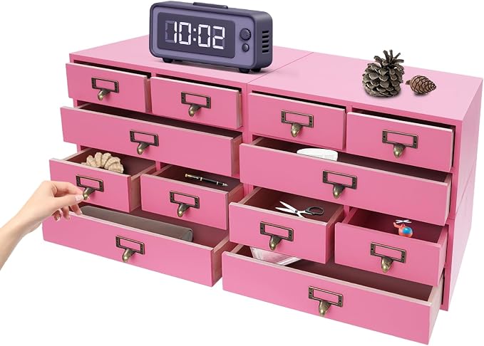 Stackable Wooden Desk Storage Box, 12 Drawers Tabletop Organizer, Pink | 4-Pack Countertop Apothecary Cabinet, Vintage Library Card Catalog Storage Cabinet with Metal Label Handles for Office Home - Image 4