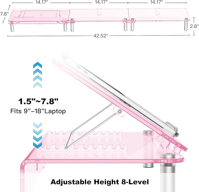 Pink Acrylic Dual Monitor Stand Riser,Laptop Riser Adjustable to 8 Angles | Double Computer monitor riser for desk for 2 Monitors,Desktop organizer Stand for Laptop,PC,Printer,TV，Cute Desk Accessories - Image 2