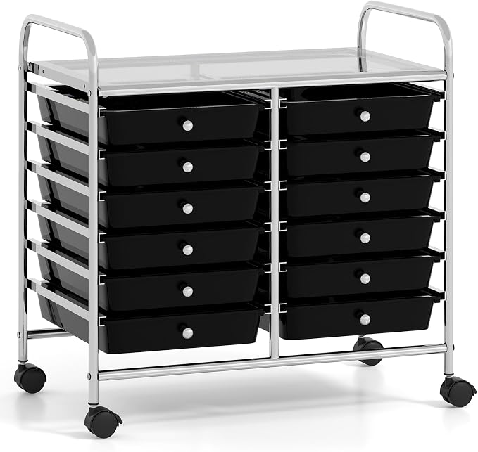 GOFLAME 12-Drawer Rolling Storage Cart, Multifunctional Art Craft Organizer Cart, Mobile Utility Storage Cart with Removable Drawers & Lockable Wheels, Craft Cart for Home Office School, Black by GOFLAME
