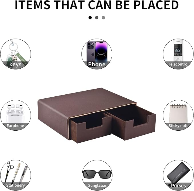 Linen Leather Desk Organizer and monitor stand with Drawers－Mini Desktop Drawer Organizer Stackable－Tabletop Organization Storage Box for Office Supplies Home Vanity Toiletries (Brown, 2-drawers) - Image 7