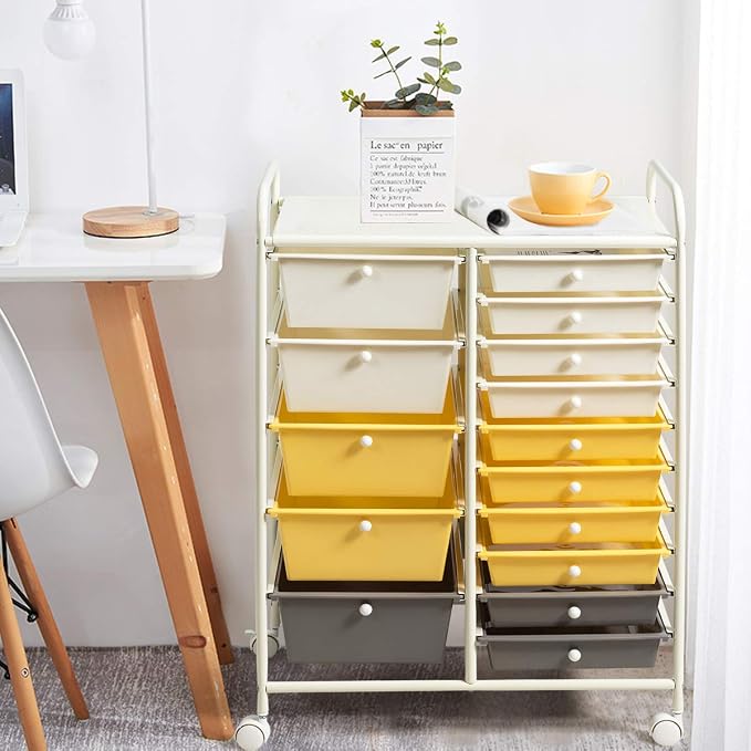 Giantex 15-Drawer Organizer Cart Office School Storage Cart Rolling Drawer Cart for Tools, Scrapbook, Paper (Yellow) - Image 4