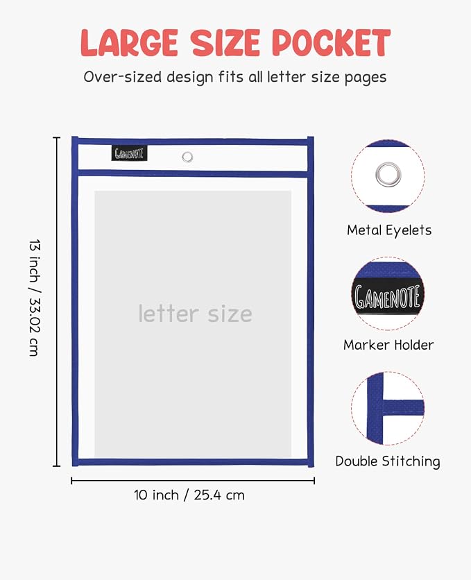 GAMENOTE 30 Pack Dry Erase Pockets, 10x14 Reusable Sleeves, Blue | 30 reusable PVC pockets hold 8.5 x 11 and 9 x 12 sheets; double sided wipe clean surfaces, pen loops, eyelets, and 5 rings - Image 2