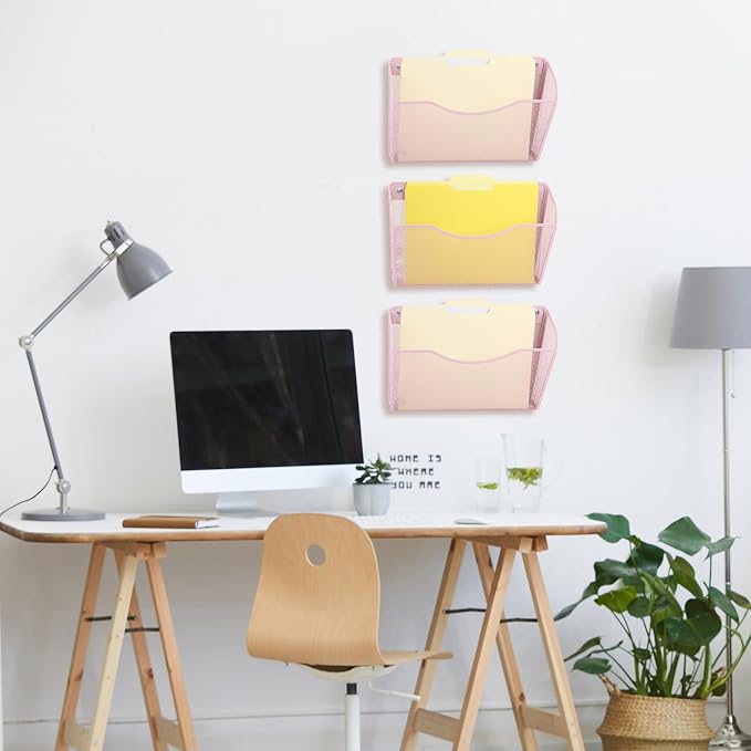 3 Single Pocket Mesh Hanging File Organizer, Vertical Wall Mounted Magazine File Holder, Mount Basket Mail Paper Document Folder Organizing for Office, Home and School, Pink - Image 4