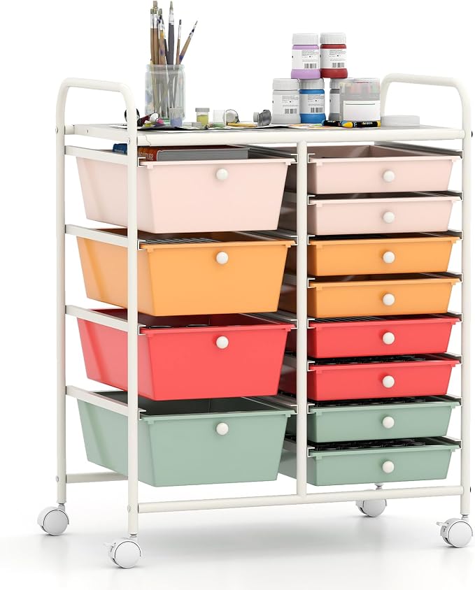 Giantex 12 Drawer Rolling Cart with Drawers, Storage Organizer Cart for Classroom Office School Teacher, Mobile Drawer Cart for Tools, Crafts, Small Printer, Macaron Multicolor by Giantex