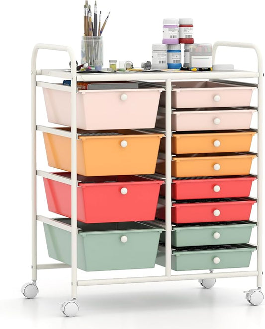 Giantex 12 Drawer Rolling Cart with Drawers, Storage Organizer Cart for Classroom Office School Teacher, Mobile Drawer Cart for Tools, Crafts, Small Printer, Macaron Multicolor by Giantex