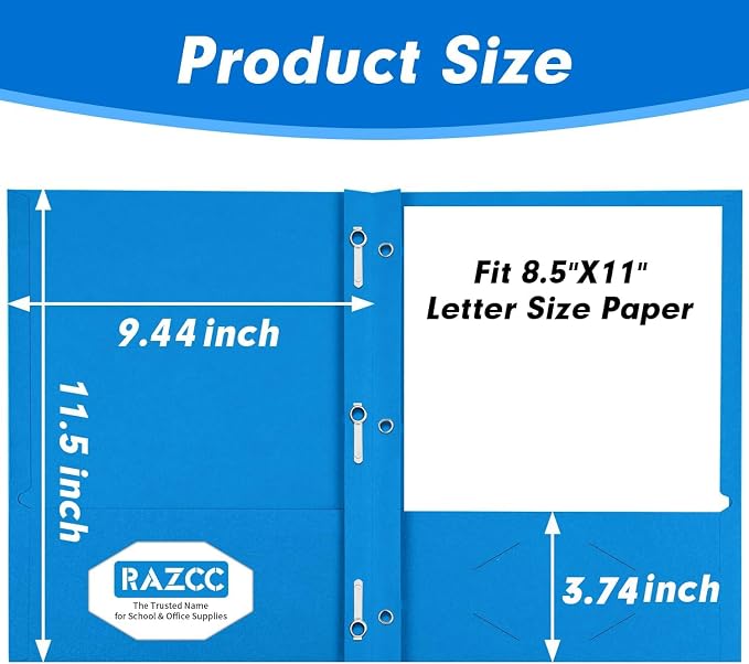 Two Pocket Folders, RAZCC 100 Pack Two Pocket with Prongs, 3 Prong Folders Fit Letter Size Paper, Pocket Paper File Folders for School Office Home Business, Assorted 5 Colors - Image 2