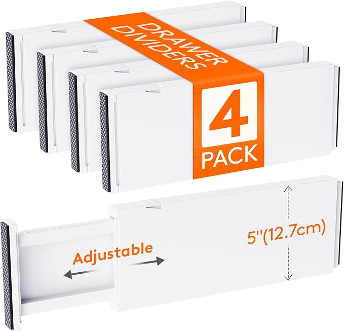 Lifewit 5" Tall Upgrade Drawer Dividers, Adjustable Deep Drawer Organizer | 13.5"-22" Expandable White Drawer Separator for Clothes, Dresser/Kitchen/Closet/Bedroom/Office Organization & Storage, 4 Pack by Lifewit