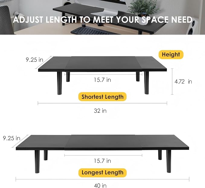 Across-Star Dual-Monitor-Stand-Riser-For-Desk Adjustable Length 32-40 Inch，Large Desktop Computer Monitor Riser For 2 Screens，Desk Shelf Organizer Riser Stand For Computer/Laptop/PC/Printer/TV Black - Image 3