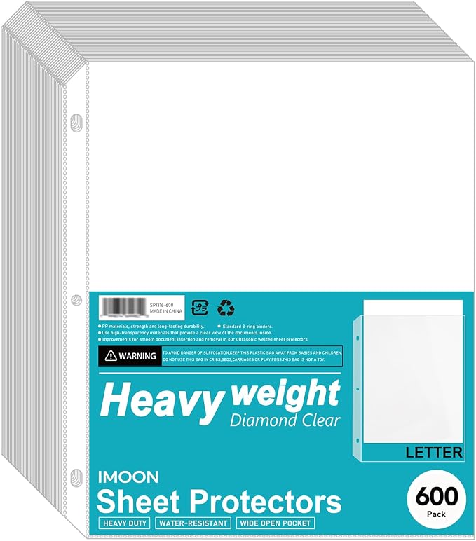 Heavyweight 3-Hole Letter Size Sheet Protectors - High Transparency Plastic Heavy Duty Sleeves for 3 Ring Binders, Archival Safe, Durable Page Protectors for Documents, 8.5x11 Inch (600 Pack) by Unknown