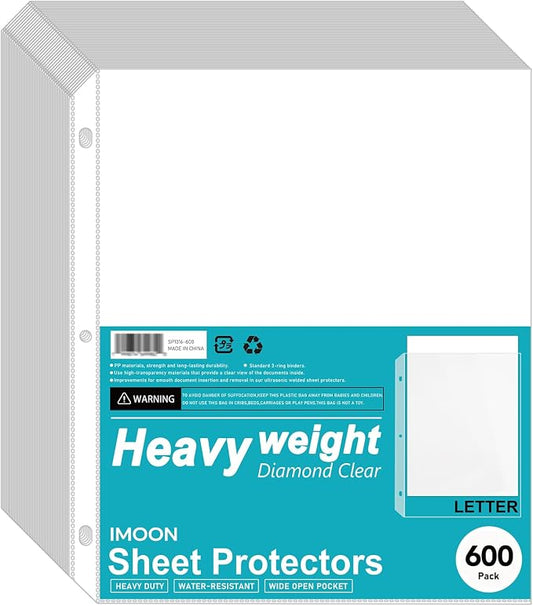 Heavyweight 3-Hole Letter Size Sheet Protectors - High Transparency Plastic Heavy Duty Sleeves for 3 Ring Binders, Archival Safe, Durable Page Protectors for Documents, 8.5x11 Inch (600 Pack) by Unknown