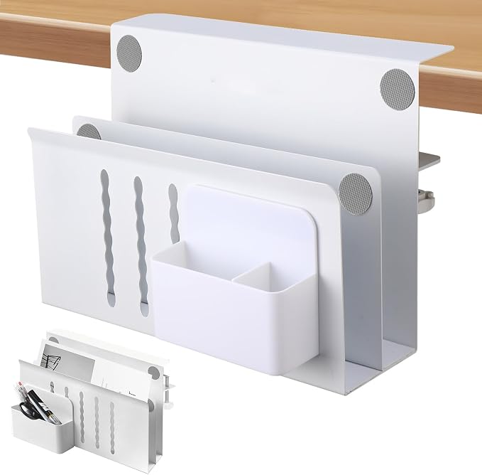 Desk Side Storage,2 Tier Steel Hanging Organizer,No Drill Side Desk Organizer, Laptop Holder with Pen Holder,Office Home Hanging Table Storage For Edge Tables 0.3" to 2.8"(White) by Domigard