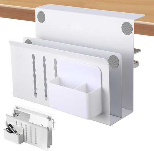 Desk Side Storage,2 Tier Steel Hanging Organizer,No Drill Side Desk Organizer, Laptop Holder with Pen Holder,Office Home Hanging Table Storage For Edge Tables 0.3" to 2.8"(White) by Domigard