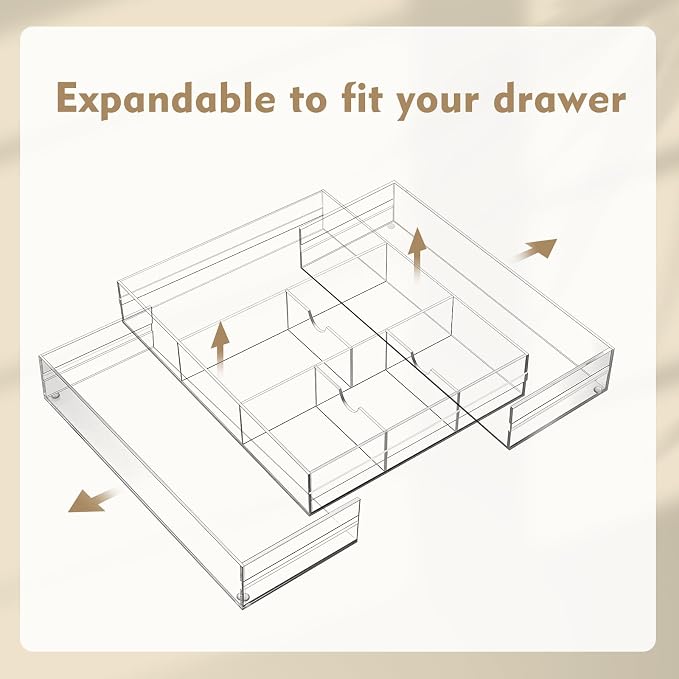 Briwooody Clear Acrylic Drawer Organizer Expandable,8 Compartments,Large | 9'' up to 18'' x 12'' x 2.1'' Desk Drawer Organizer Trays Adjustable with Desk Accessories for Makeup Office Bathroom - Image 4
