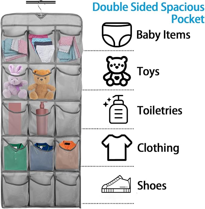 3Pcs 30 Large Pockets Dual Sided Hanging Shoe Organizer Double-Side Closet Storage Shelves with Rotating Hanger Space Saving Storage Bag Portable Shoe Rack Holder for Bedroom Laundry Room,Gray - Image 5