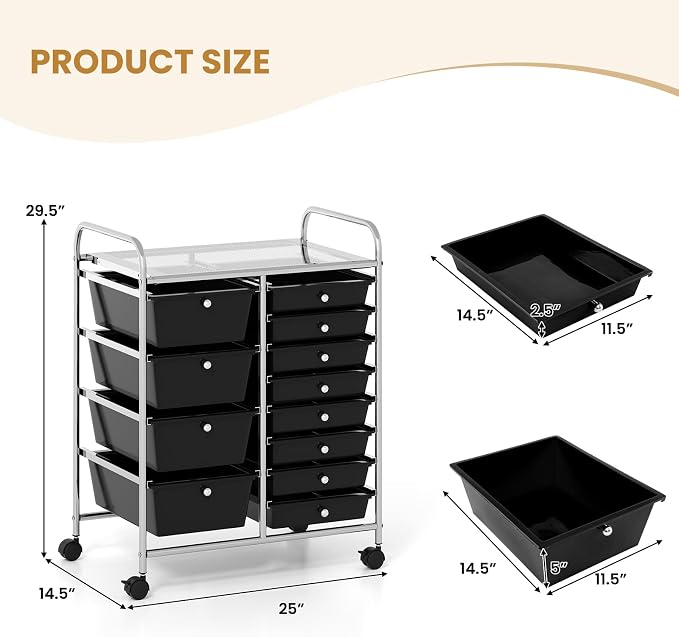 COSTWAY 12 Drawer Rolling Storage Cart, Utility Cart with Metal Frame | Mobile Art Supply Craft Organizer, Multipurpose Storage Organizer for Paper, Office, School Teacher, Classroom, Black - Image 3