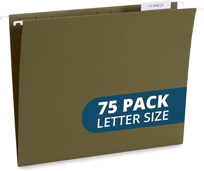 Blue Summit Supplies 75 Hanging File Folders, Letter Size, Green | Reinforced 11pt, 1/5 cut tabs, plastic tabs and inserts included, for filing cabinet, home, and office use by BlueSummitSupplies