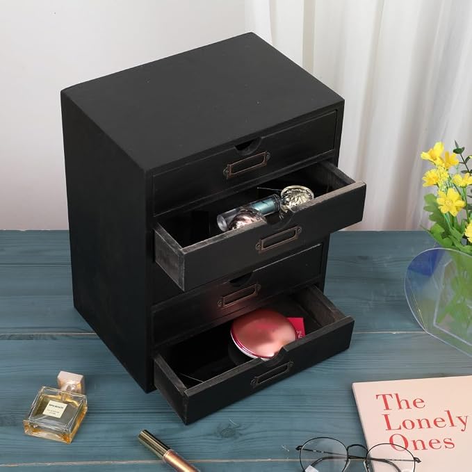 Small Wooden Drawers Wooden Box with Drawer, Black 5 Wood Drawer | Countertop Storage Box for Apothecary Cabinet, Apothecary Drawers，Desktop Organizer for Office，Home - Image 4