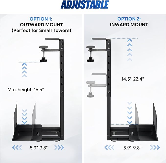 Adjustable Under Desk PC Mount, Heavy Duty No Drilling Clamp Mount on Desk Fits Most PC Tower 14.5”-22.4” (H) , Thickened & Ultra Strong CPU Holder for Standing Desk & Home Office, Black - Image 4