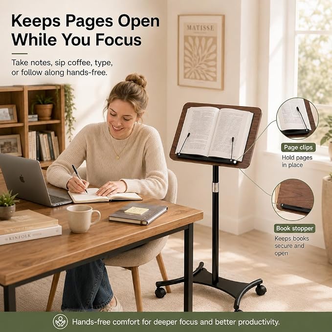 2-in-1 Rolling Book Stand, Floor & Desktop Book Holder for Heavy Books | Hands-free read | Lockable wheels | Cozy movable study setup | Up to 57 in | One stand, two ways to use | 360° Rotating Panel - Image 7