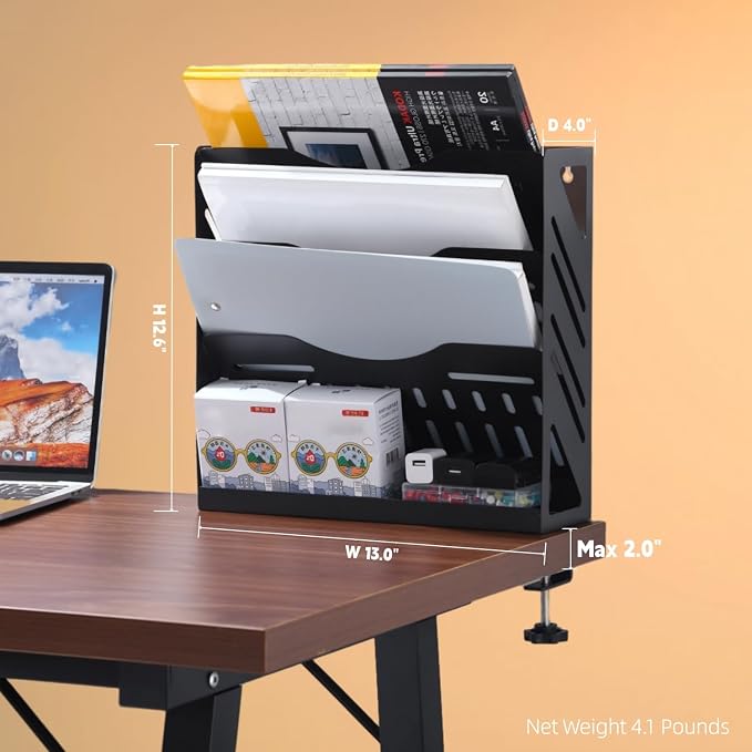 CanKing Metal File Organizer 4-Tier Clamp Desk and Wall Mount | Sturdy paper holder and wall mail shelf featuring integrated compartmentalized bill storage for desktop and office use - Image 2