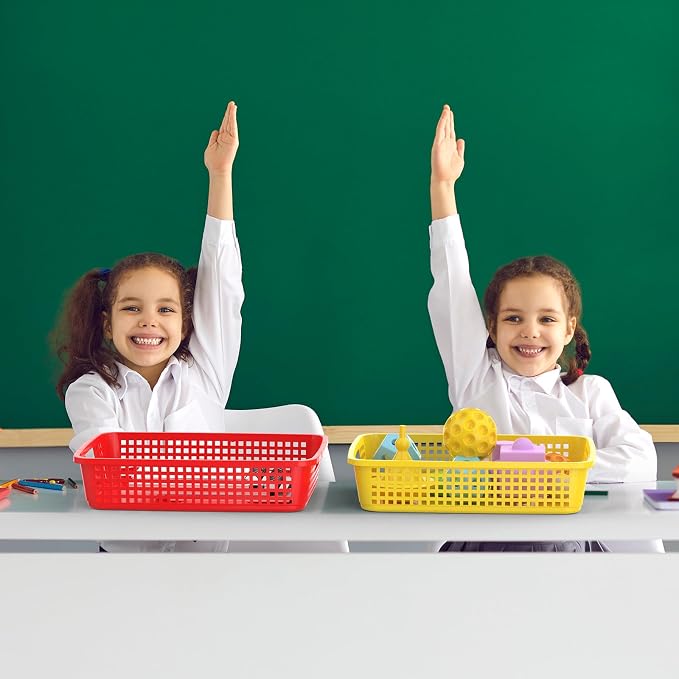 8 Pack Classroom Storage Baskets 15''x10''x3'' Large Plastic Paper Trays with Handle Letter Size A4 Paper Toy Basket Turn in Trays for Library Office Desk Drawer Organizing (8, Bright Color) - Image 6