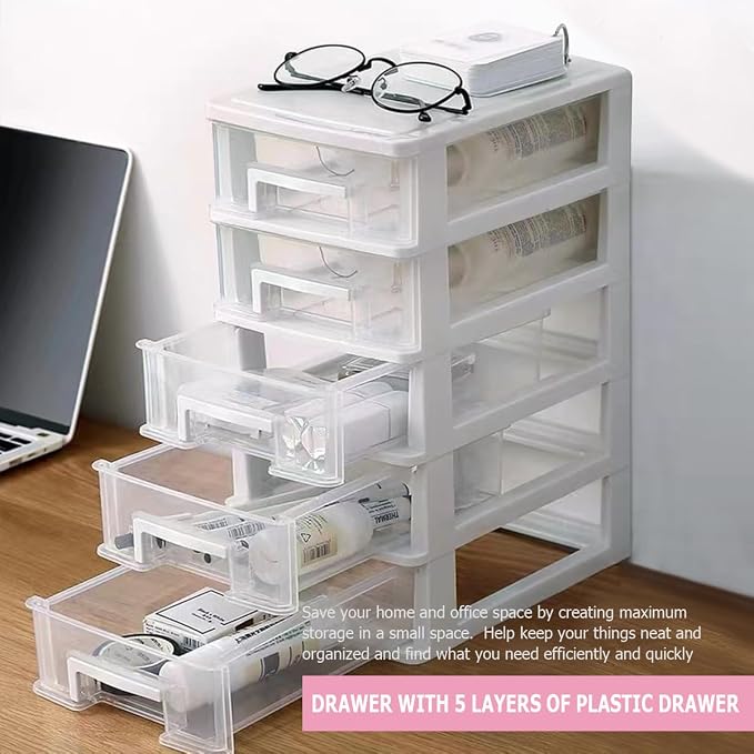 5 Tier Plastic Drawer Type Closet,Portable Storage Cabinet Sundries Storage Cosmetics Jewelry Storage Box for Home Office（White） - Image 4