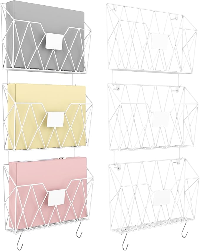 YBING Wall File Organizer White 6 Pack Mesh Hanging File Holder Organizer Metal Wire Mail Organizer Wall Mounted Office Papers Holder Hanging File Folders With Hooks by YBING