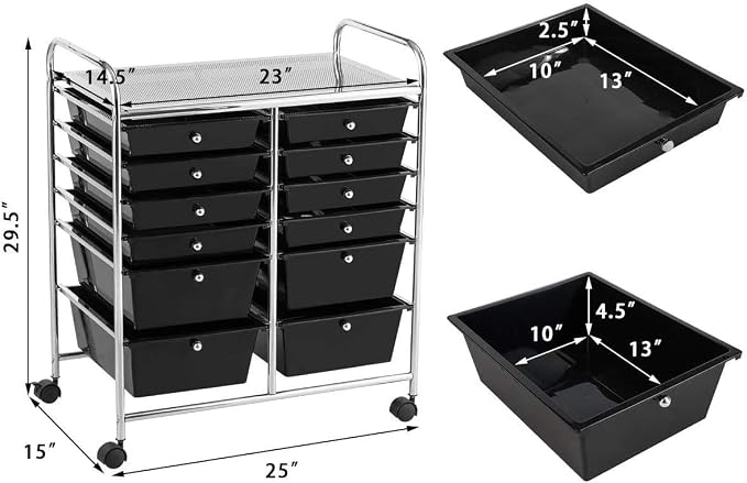 Moccha 12-Drawer Rolling Storage Cart - Utility Cart on Wheels with Lockable Casters for Craft Art Supply Paper Salon, Mobile Drawer Carts for Classroom Teacher School Office - Image 3