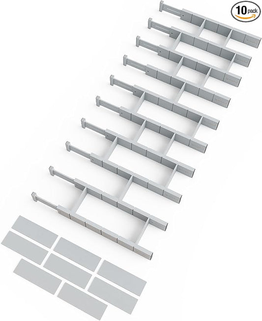 SpaceAid Bamboo Drawer Dividers with Inserts and Labels, Kitchen Adjustable Drawer Organizers, Expandable Organization for Home, Office, Dressers, 10 Dividers with 24 Inserts (17"-22" Gray) by SpaceAid