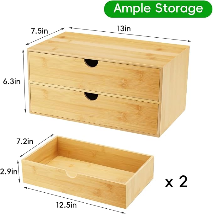 Neando Bamboo Desk Organizer with 2 Drawers, Wooden Countertop Drawers Organizer, Tabletop Storage Organization Box for Office & Home, No Assembly Needed - Image 4