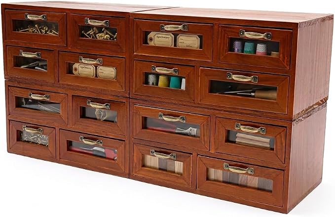 4-Pack Wooden Desktop Organizer, 16-Drawer Stackable Storage Cabinet –Brown | Clear Window Drawers | Metal Handles | Vintage | Fully Assembled | For Office, Vanity, Kitchen, Dresser, Craft Room by Unknown