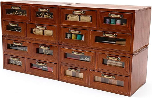 4-Pack Wooden Desktop Organizer, 16-Drawer Stackable Storage Cabinet –Brown | Clear Window Drawers | Metal Handles | Vintage | Fully Assembled | For Office, Vanity, Kitchen, Dresser, Craft Room by Unknown