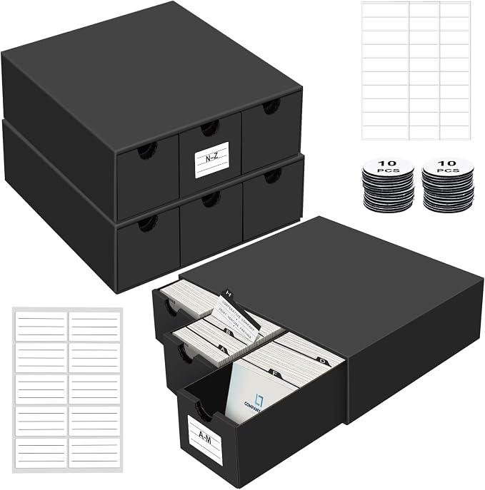 Business Card Storage Box 3 Pack, Stackable Business Card Organizer with 9 Pull-Out Drawers and Labels, Holds Up to 4500 Cards, Black Corrugated Desktop Filing Boxes by QLOUNI