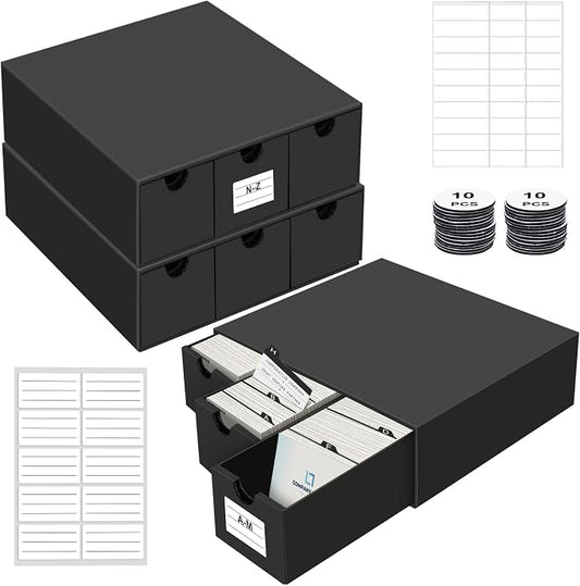 Business Card Storage Box 3 Pack, Stackable Business Card Organizer with 9 Pull-Out Drawers and Labels, Holds Up to 4500 Cards, Black Corrugated Desktop Filing Boxes by QLOUNI