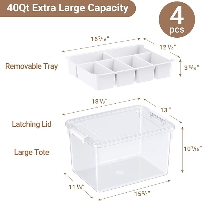 160Qt Stackable Storage Bins with Lids Trays Craft Box Organizers, 4Pack,WH | Clear Plastic Latching Boxes Organizers with Dividers Portable Containers for Arts & Crafts, Home Office Classroom Car Trunk - Image 2