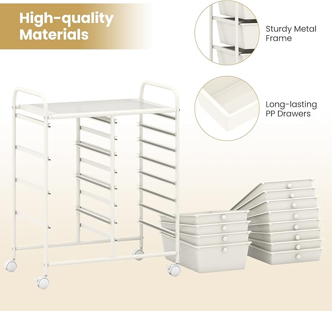 Giantex 12 Drawer Rolling Cart with Drawers, Storage Organizer Cart for Classroom Office School Teacher, Mobile Drawer Cart for Tools, Crafts, Small Printer, Ivory - Image 7