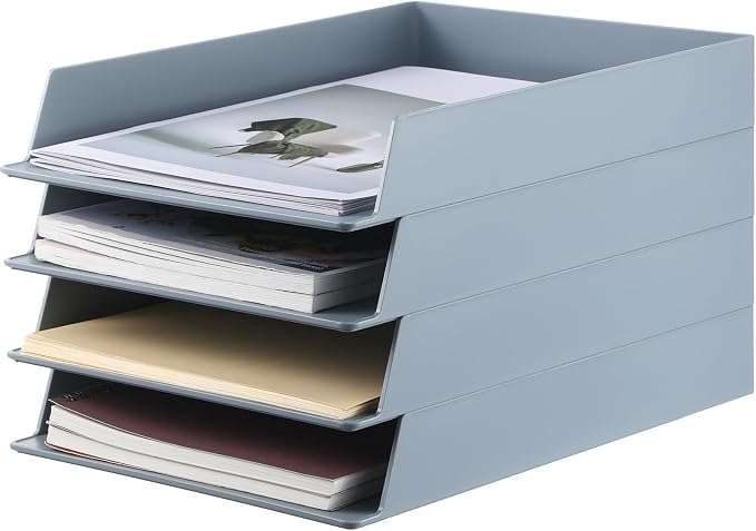4 Pcs Stackable Paper Trays Rectangular Plastic Desk Holder Desktop Document File Organizer Storage Letter for Office Classroom (Gray) by Wenqik