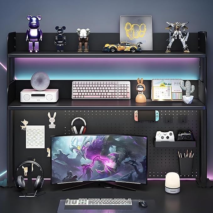 Clamp On Desk Pegboard Shelf - Metal Desktop Organizer Hutch with 2 Shelves | Storage and Display, Desk Add-On Shelf for Office, Dorm Room, Bedroom, Black, 23.6In - Image 6