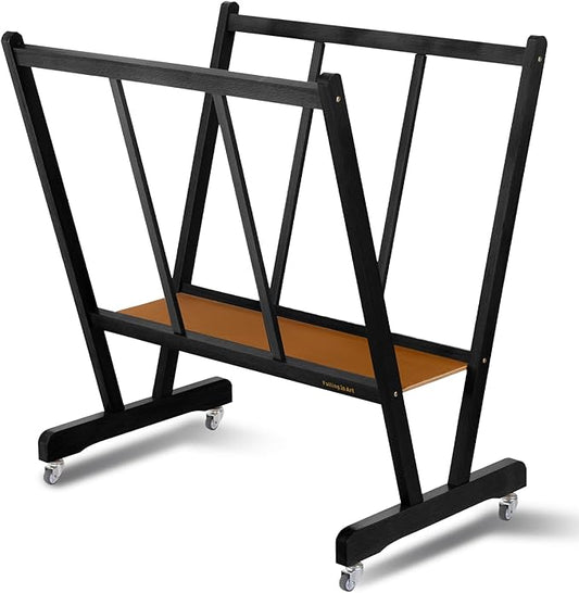 Falling in Art Large Wooden Print Rack, Art Drying and Display Rack with Rolling Casters, Storage Rack for Canvas, Prints, Panels, Posters, Shows and Art Exhibitions, Black