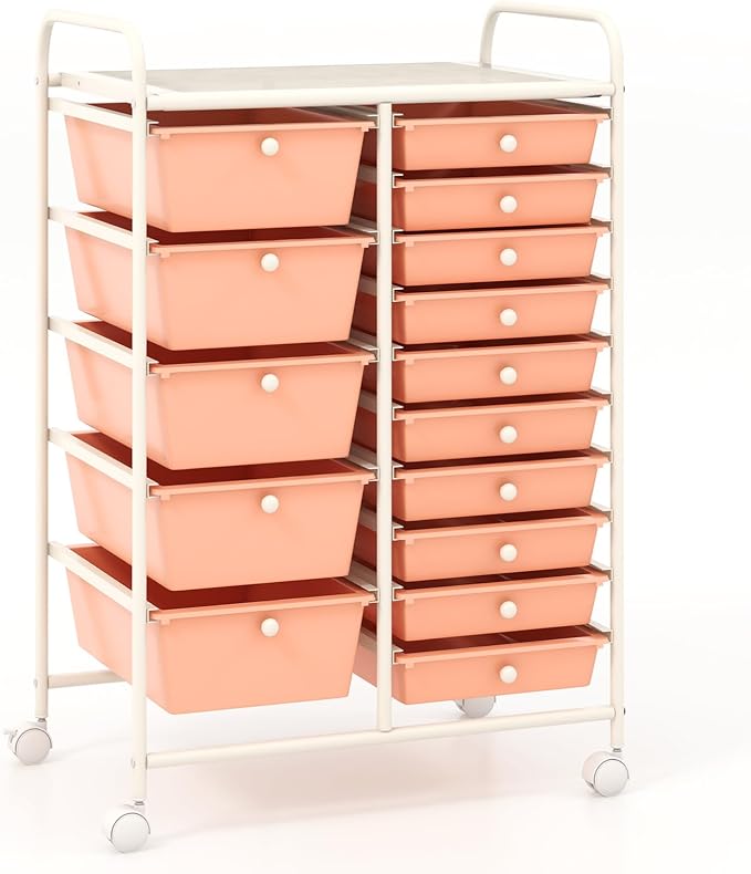 COSTWAY 15 Drawer Rolling Storage Cart, Mobile Utility Cart with Lockable Wheels, Drawers, Multipurpose Organizer Cart for Home, Office, School, Peach by COSTWAY