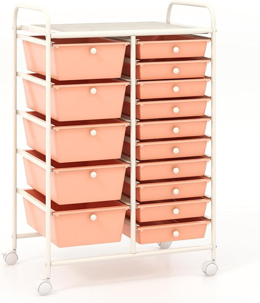 COSTWAY 15 Drawer Rolling Storage Cart, Mobile Utility Cart with Lockable Wheels, Drawers, Multipurpose Organizer Cart for Home, Office, School, Peach by COSTWAY