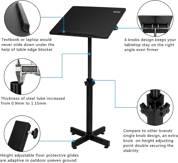 VINGLI Classic Lectern Podium Stand, Height Adjustable Church Classroom Lecture, Portable Presentation Concert Podium, Multi-Function Reading or Laptop Desk with Edge Stopper, Black - Image 3