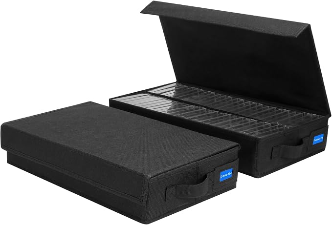 Cassette Tape Storage Box with Handles and Lid – Cassette Tape Holder and Organizer with External Label Slots, Stackable Cassette Storage Rack, 2Pack-Black by Unknown