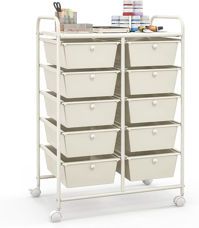 Giantex 10 Drawers Rolling Cart, Classroom Organizers, Storage Cart with Wheels, for Teacher Office Home School Supplies Tool Craft Art Paper, Ivory Color by Giantex