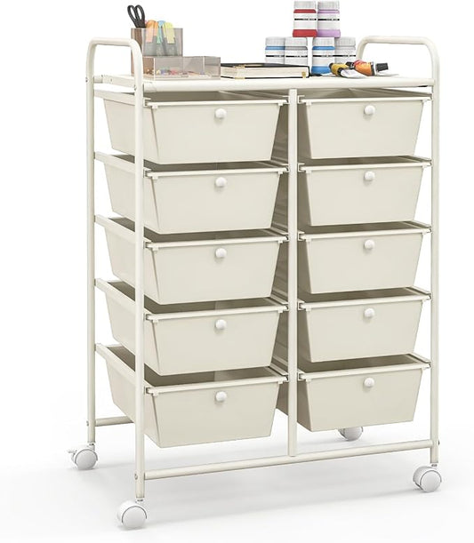 Giantex 10 Drawers Rolling Cart, Classroom Organizers, Storage Cart with Wheels, for Teacher Office Home School Supplies Tool Craft Art Paper, Ivory Color by Giantex