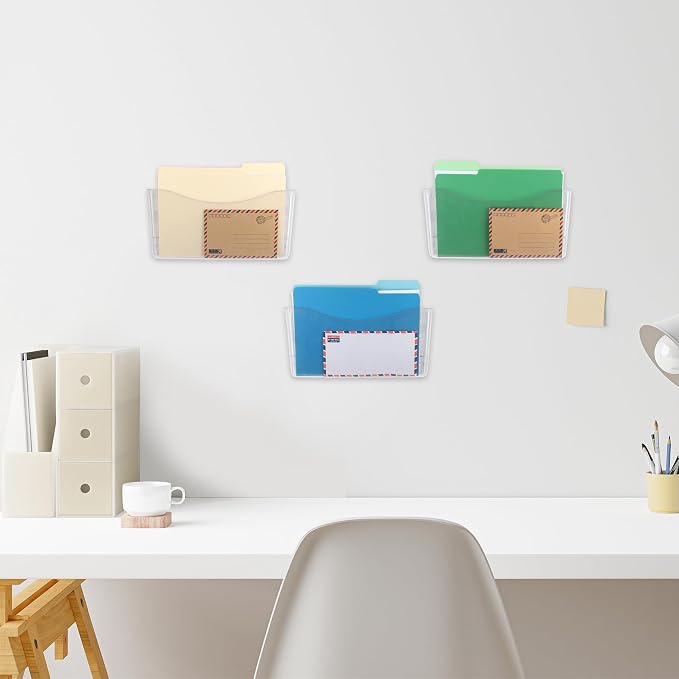3 Pack Clear Single Pocket Hanging File Organizer, Plastic Wall Mount Paper Mails Magazines Holder, Mounted Folder Bins for Office School and Home, 13.85x3.14x6.88 inches - Image 6